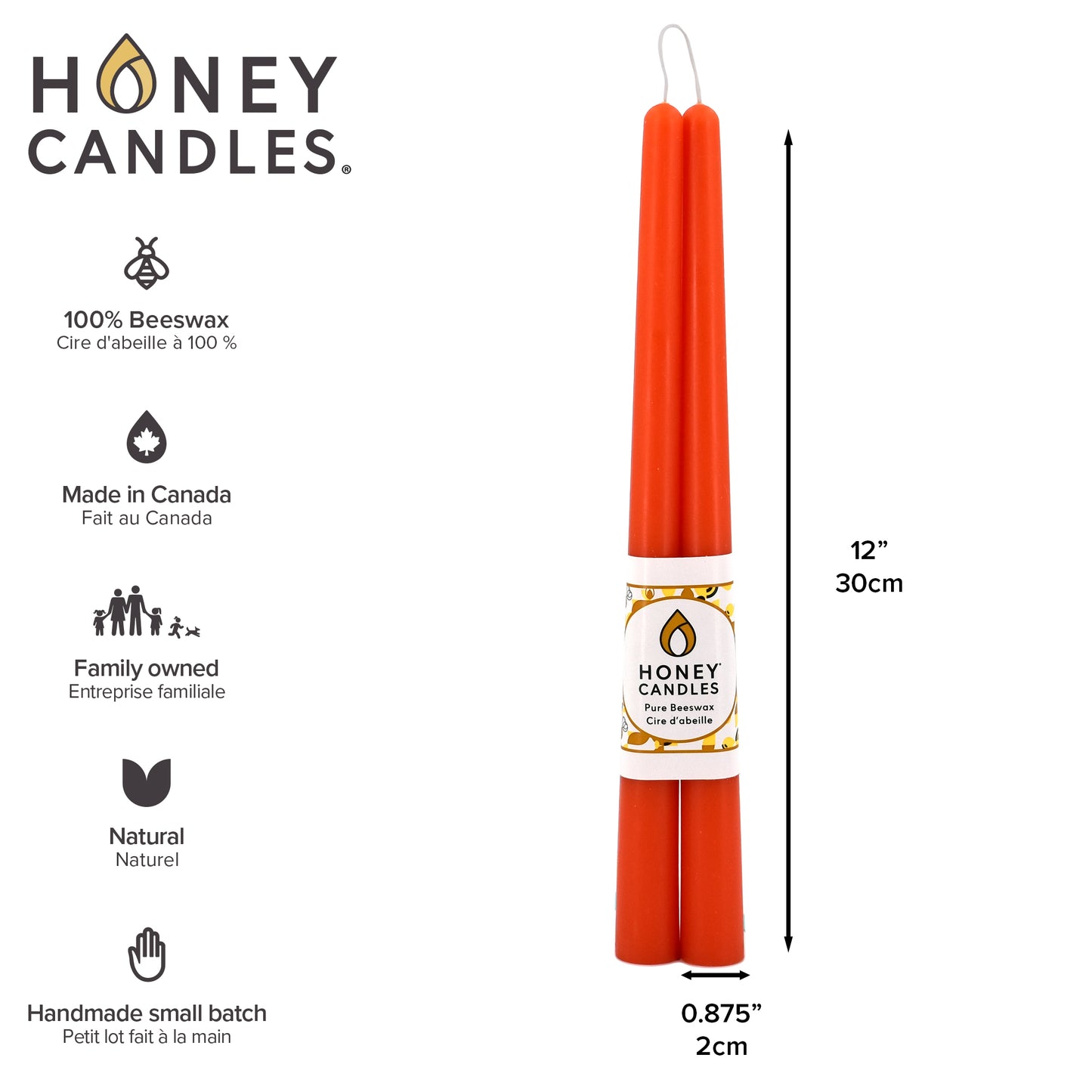 Pair of 12 Inch Tangerine Beeswax Taper Candles