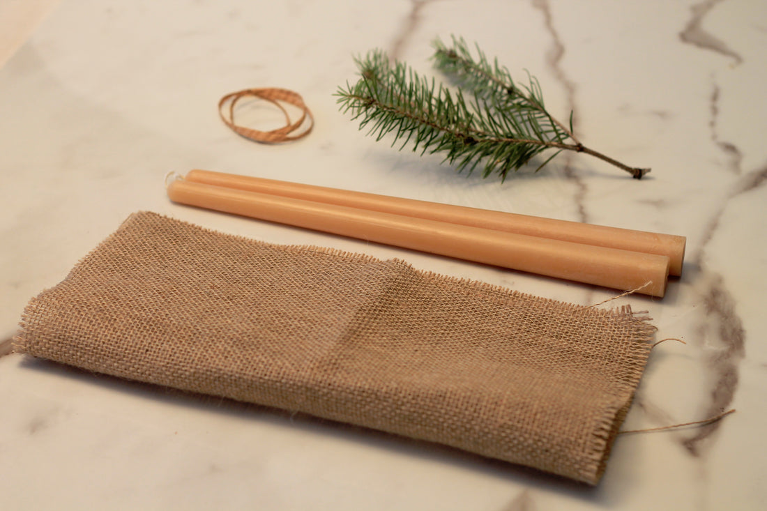 Beeswax Tapers with eco-friendly burlap gift wrap