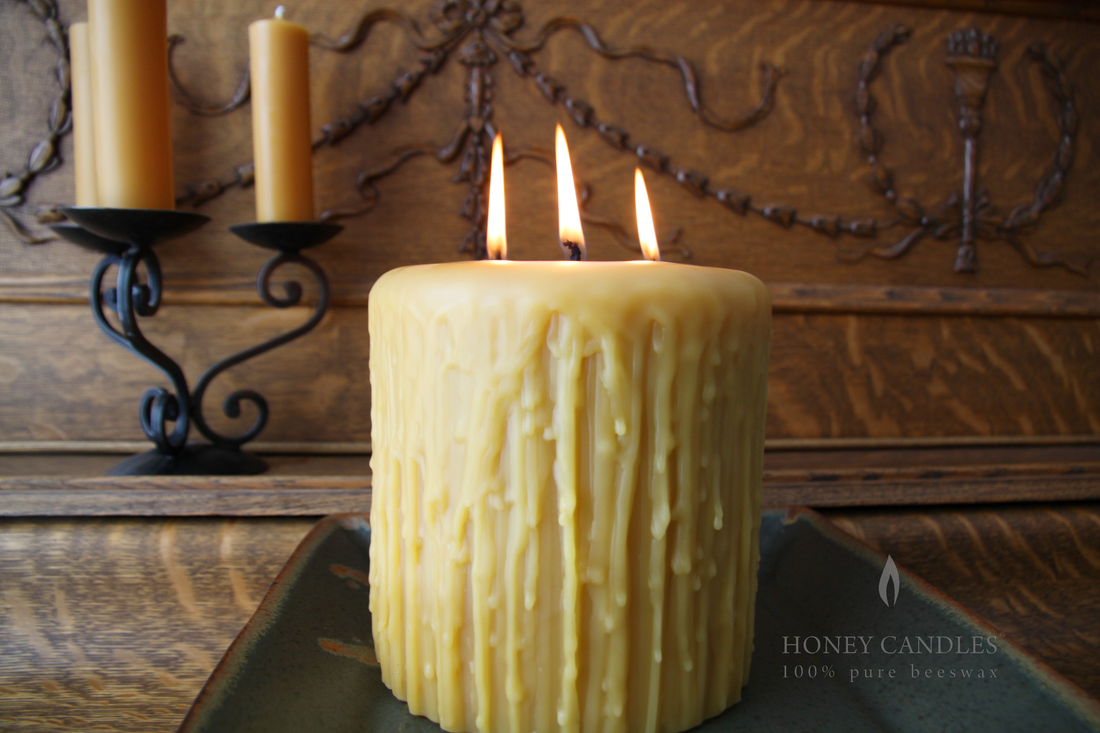 Large three wicked beeswax double dripped heritage candle