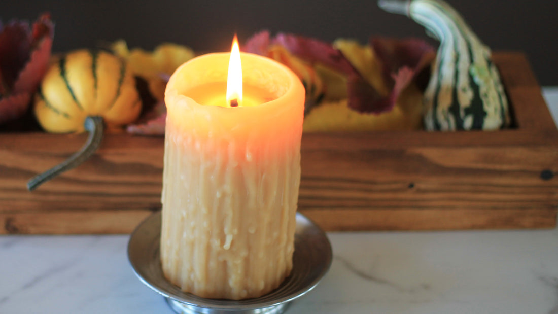 beeswax drippy pillar with fall home decor