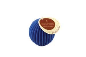 pure beeswax blue fluted sphere candle with Honey Candles logo attached