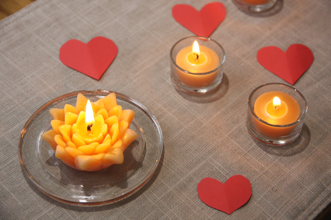 pure beeswax lotus blossom and tealight candle for a valentines day table