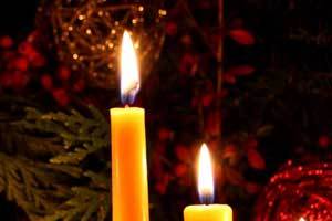 pure beeswax candlestick burning in front of a tree