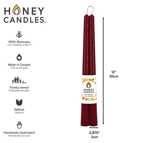Pair of 12 Inch Burgundy Beeswax Taper Candles