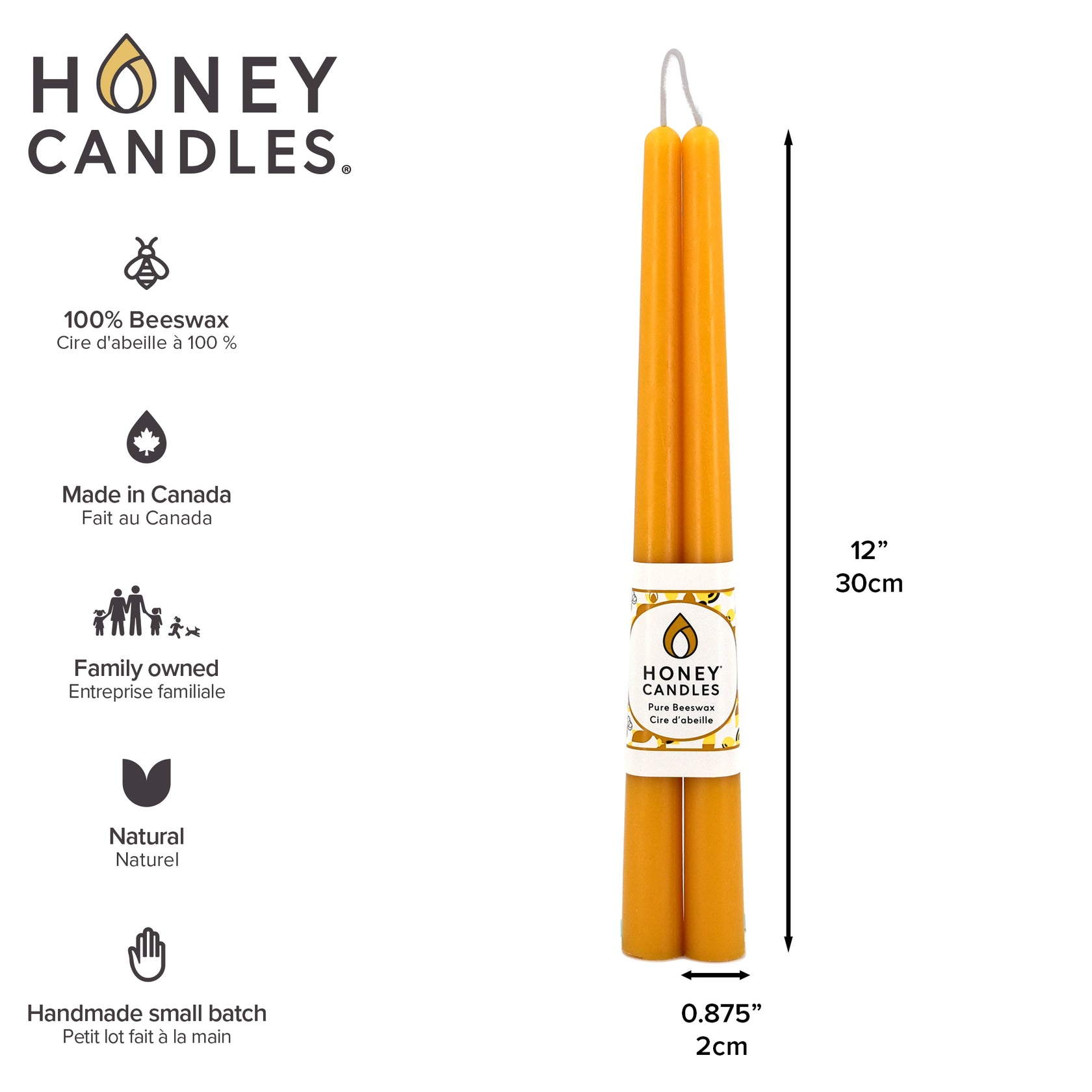 Pair of 12 Inch Natural Beeswax Taper Candles Honey Candles Canada