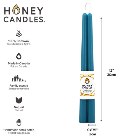 Pair of 12 Inch Glacier Teal Beeswax Taper Candles