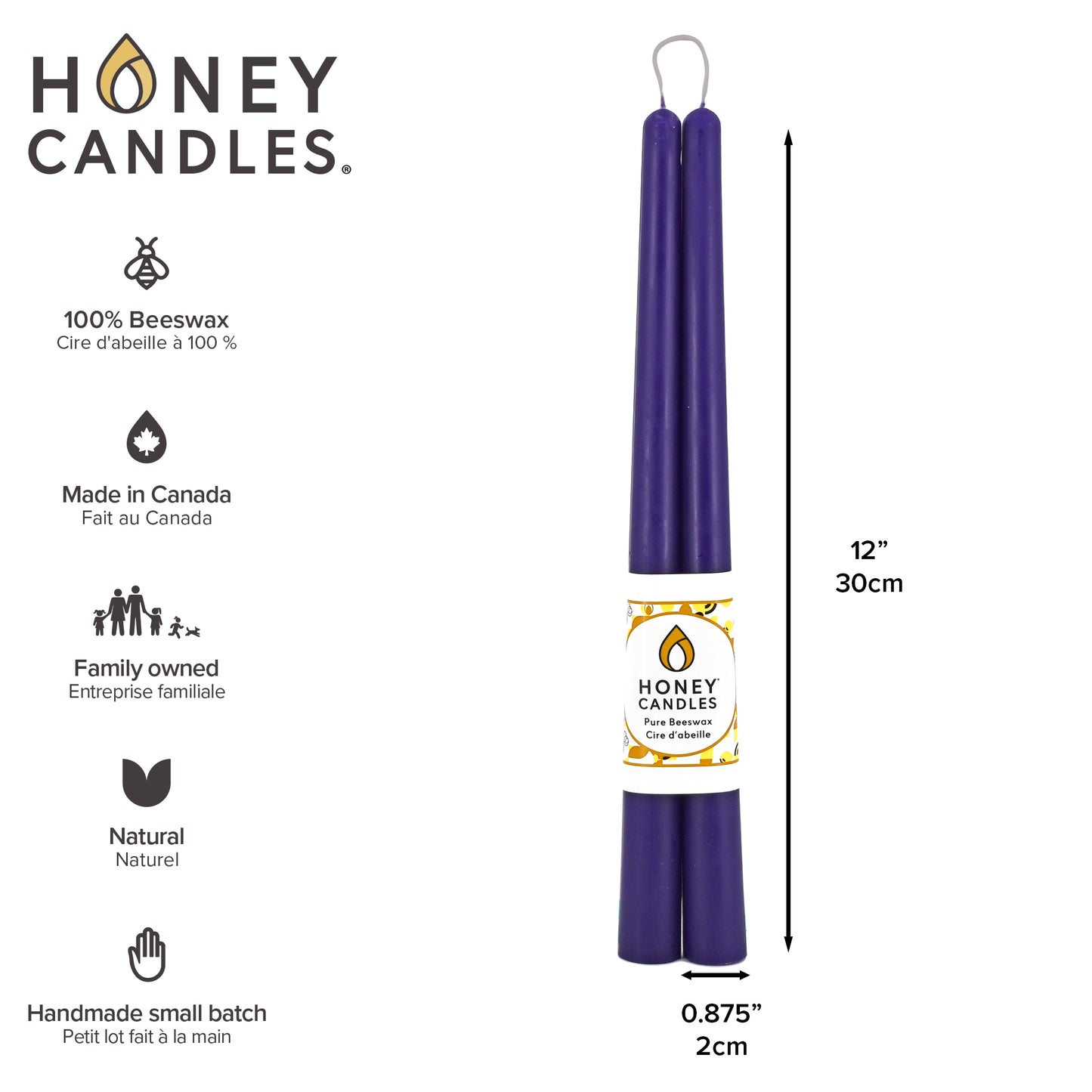Pair of 12 Inch Violet Beeswax Taper Candles