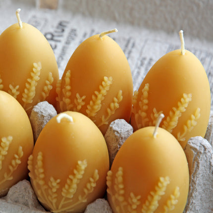 Bright, simple photo of beeswax egg shaped candles in egg carton
