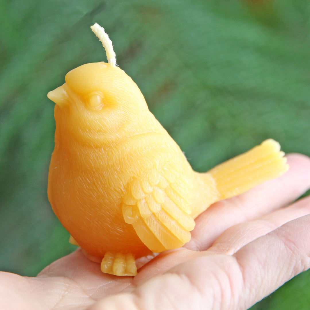 Beeswax sparrow candle sitting on someone's hand