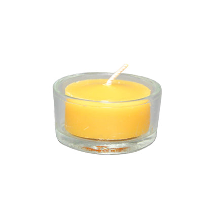 natural beeswax tealight in a clear glass cup