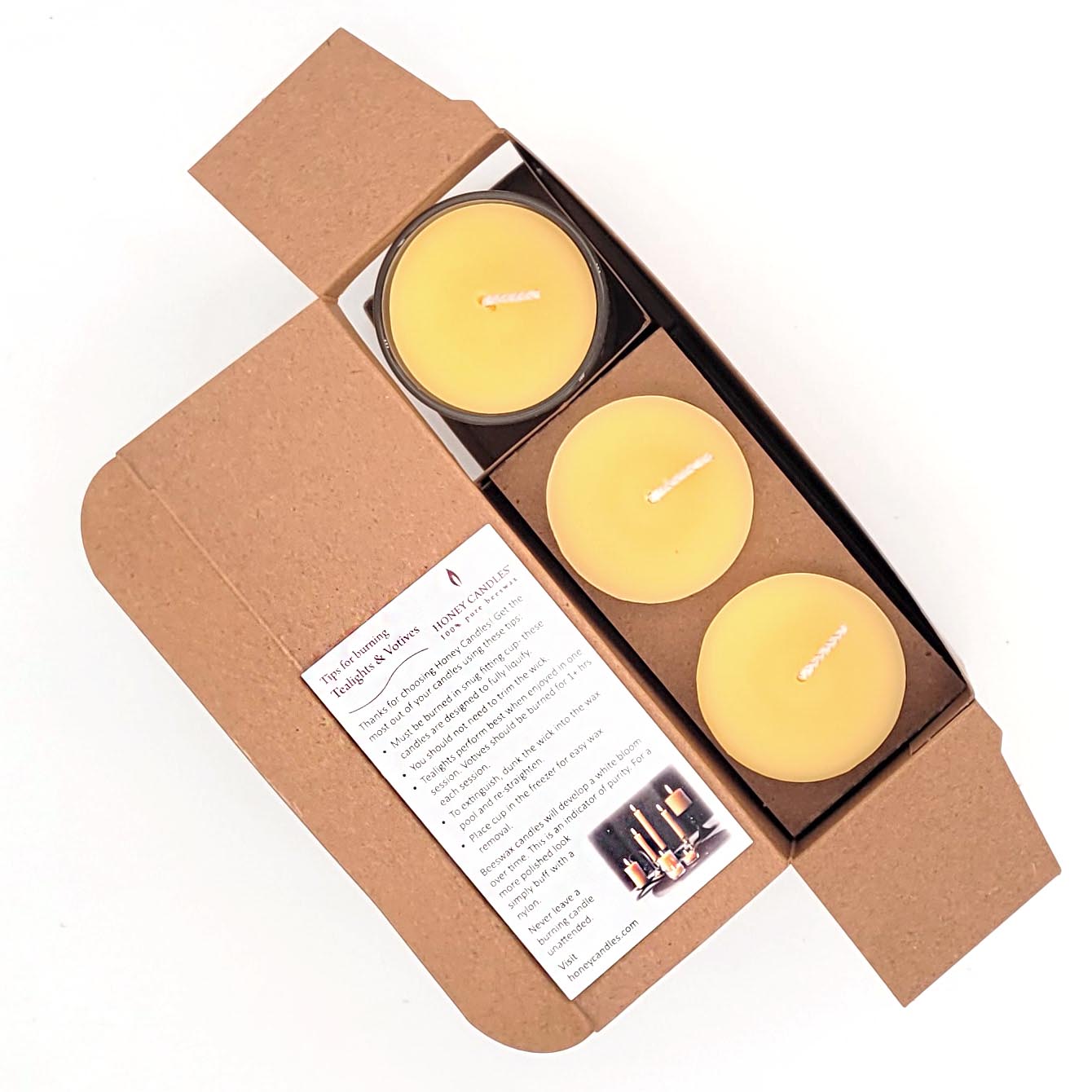 Inside view of beeswax votive gift box